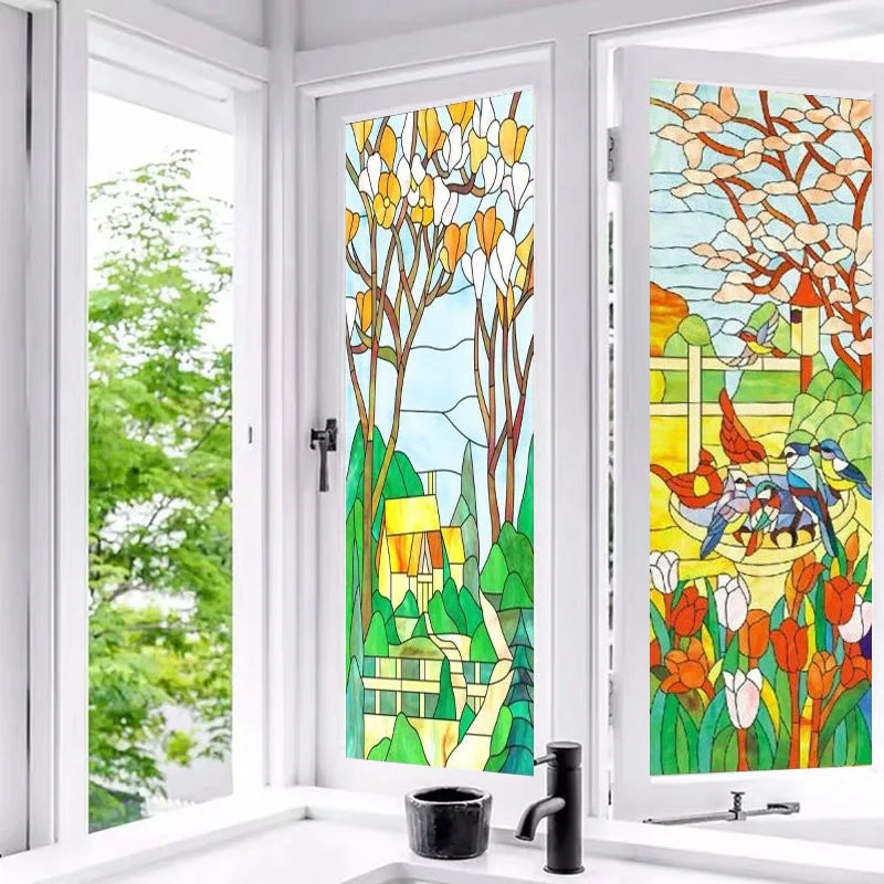 Custom Size Window Stained Glass Films,Static Cling Reusable Stickers Church Tree Poster, For Bathroom Kitchen Door Home Decor