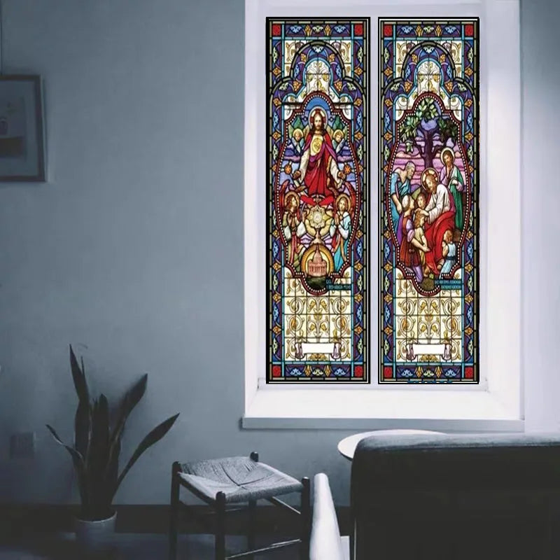 Gothic Rose Window film Glass Films Frosted Stained Window Sticker can do custom size Jesus/Christ Painting