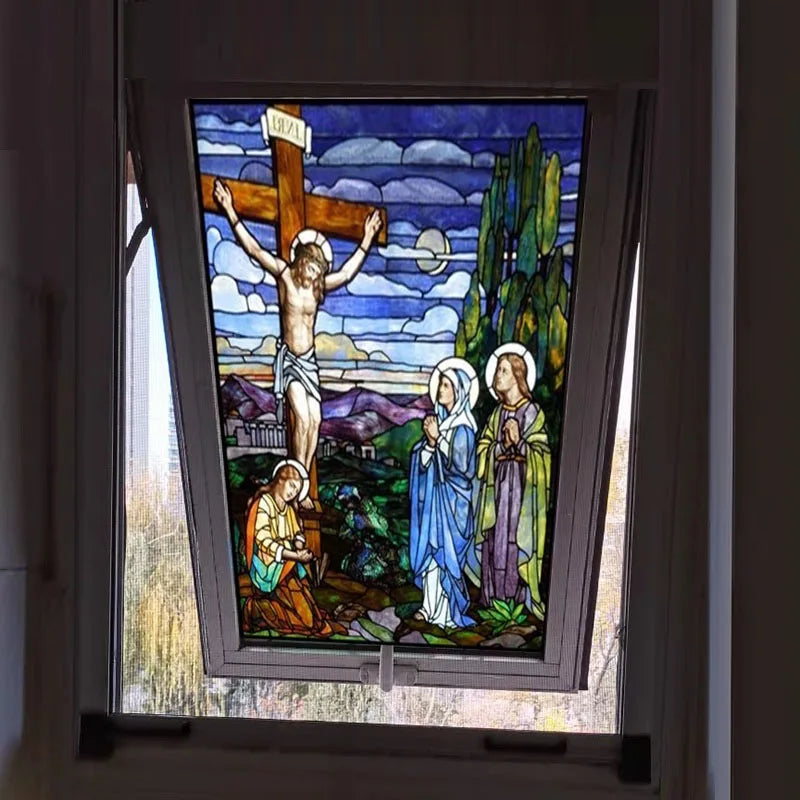 Customized Decorative Window Glass Film Self Adhesive/Static Cling Frosted Stained Continental Stickes Jesus Christ Cross