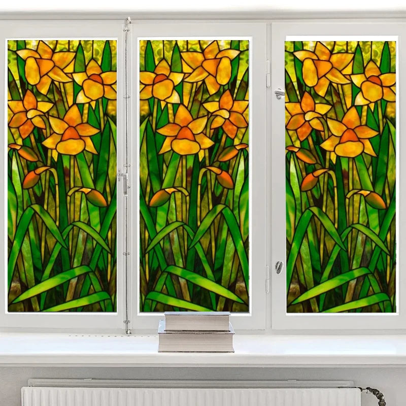 European Church Mosaic Art Glass Film Stained Window Opaque Sticker Self Adhesive/Static Cing Decor Privacy Custom Size Daffodil
