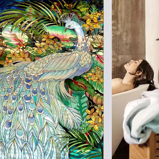 Custom Size 3d Print Peacock Stained Glass Window Film Retro Color Painting Static Cling Opaque Frosted Door Sticker Hone Decor