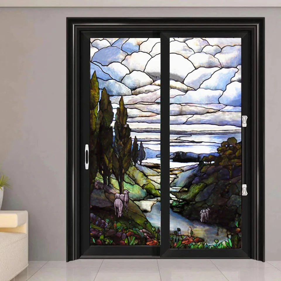 Landscape Painting Glass Films, Stained Window Film, Opaque Sticker, Self Adhesive, Static Cling for Square Window, Custom Size