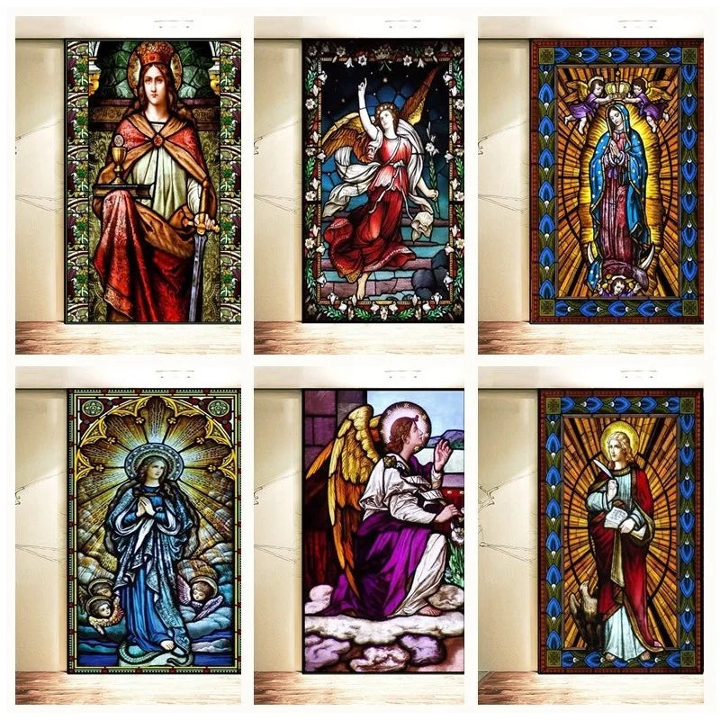 Custom size Stained Glass Window Film European Retro Church Painted Frosted Static Cling Angels Christian Art Virgin Mary