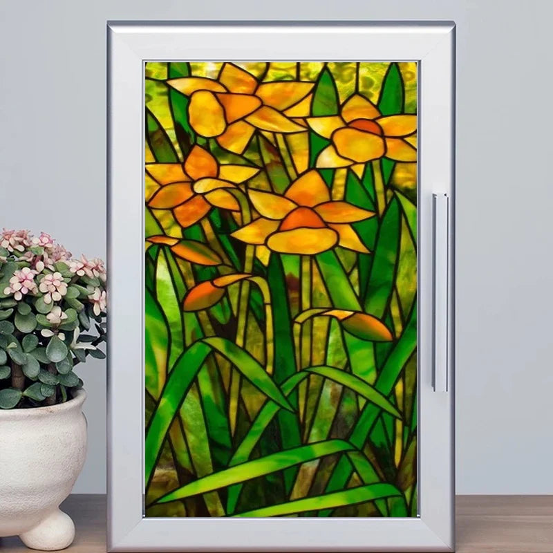 European Church Mosaic Art Glass Film Stained Window Opaque Sticker Self Adhesive/Static Cing Decor Privacy Custom Size Daffodil