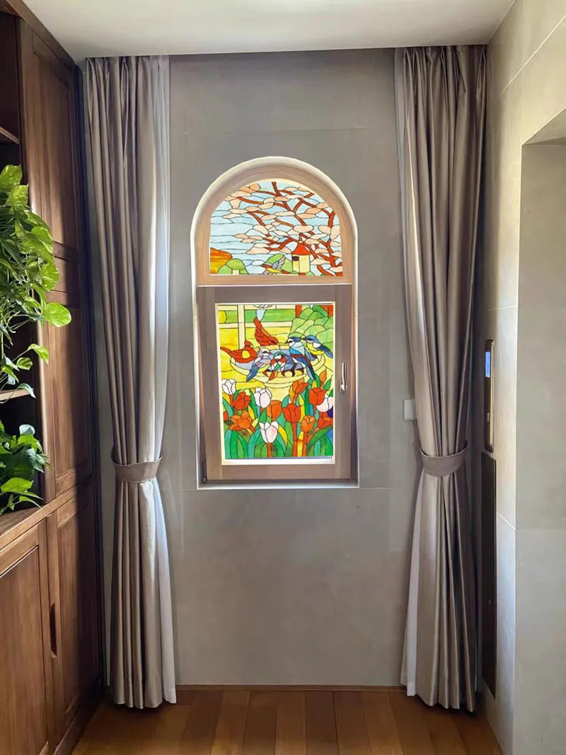 Custom Size Window Stained Glass Films,Static Cling Reusable Stickers Church Tree Poster, For Bathroom Kitchen Door Home Decor