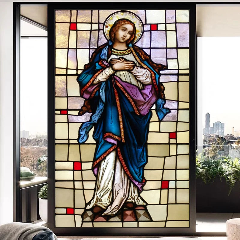 Window Film Frosted Stained Glass Films,Customized Jesus Virgin Mary Church Picture,Home Decor Static Cling Door Stickers