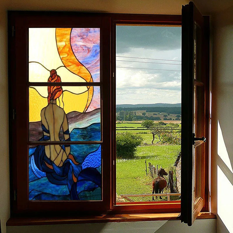 Custom Size Stained Glass Window Film, Static Cling Mermaid /Angel/Jesus Picture For Kitchen Bathroom Bedroom Glass Home Decor