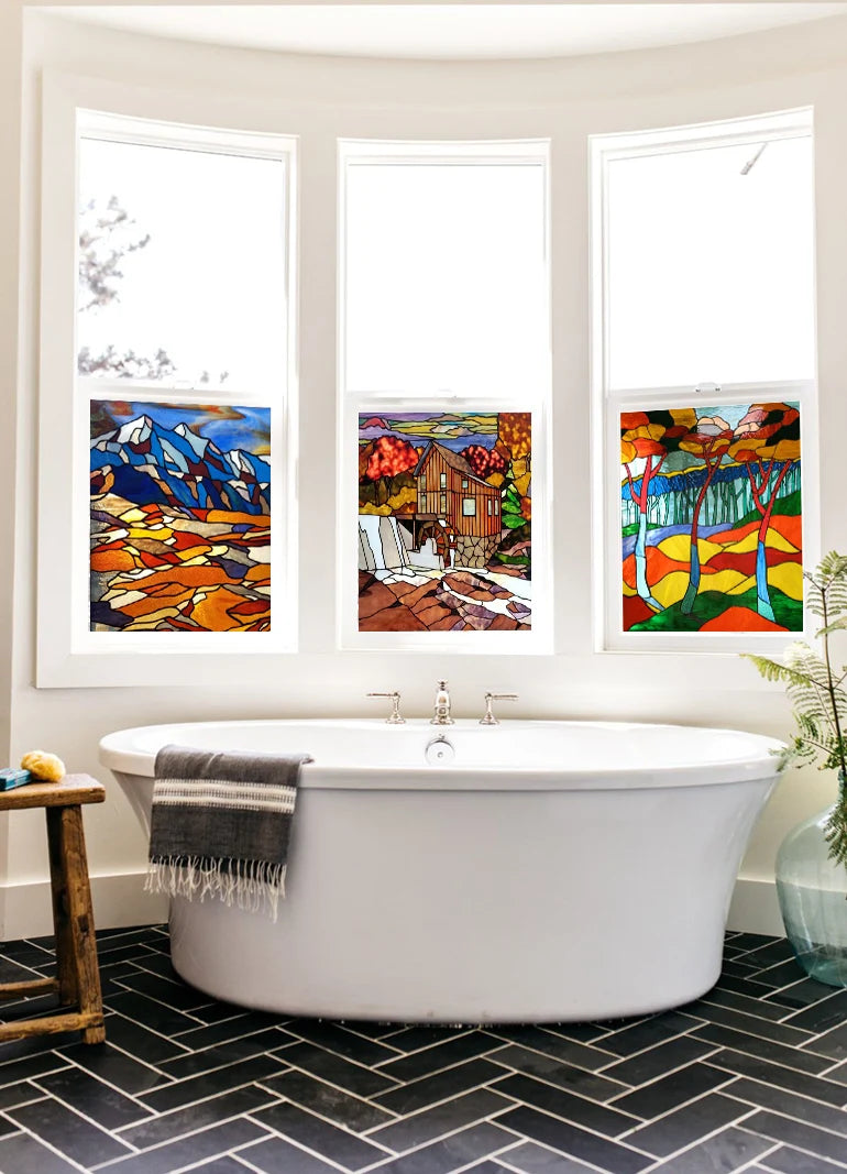 Window Film Frosted Stained Glass Films,Customized Static Cling Stickers,Shower Bathroom Kithchen Skylight Decor Scenic Tree