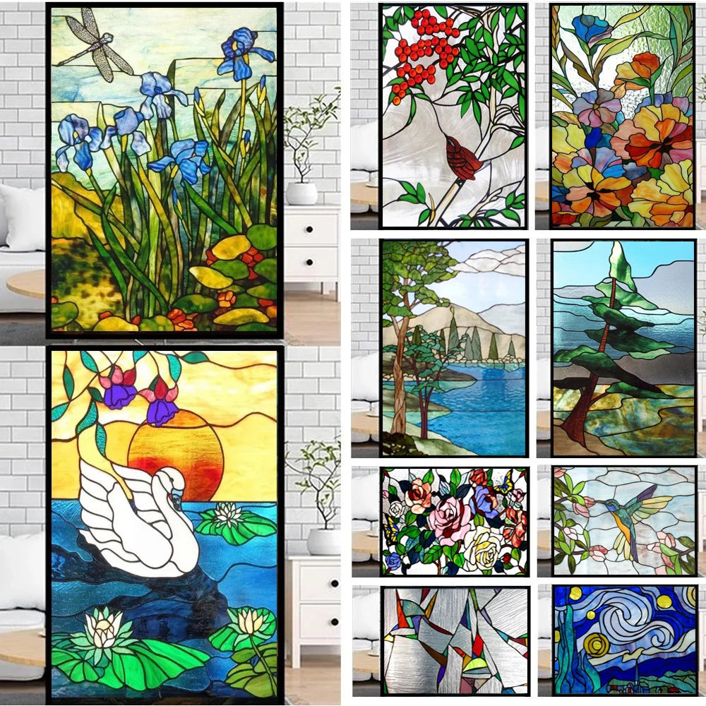 Custom Size Stained Glass Window Film, Gothic Church, Tree, Flower, Bird Sticker for Kitchen, Bathroom, Sliding Door, Home Decor