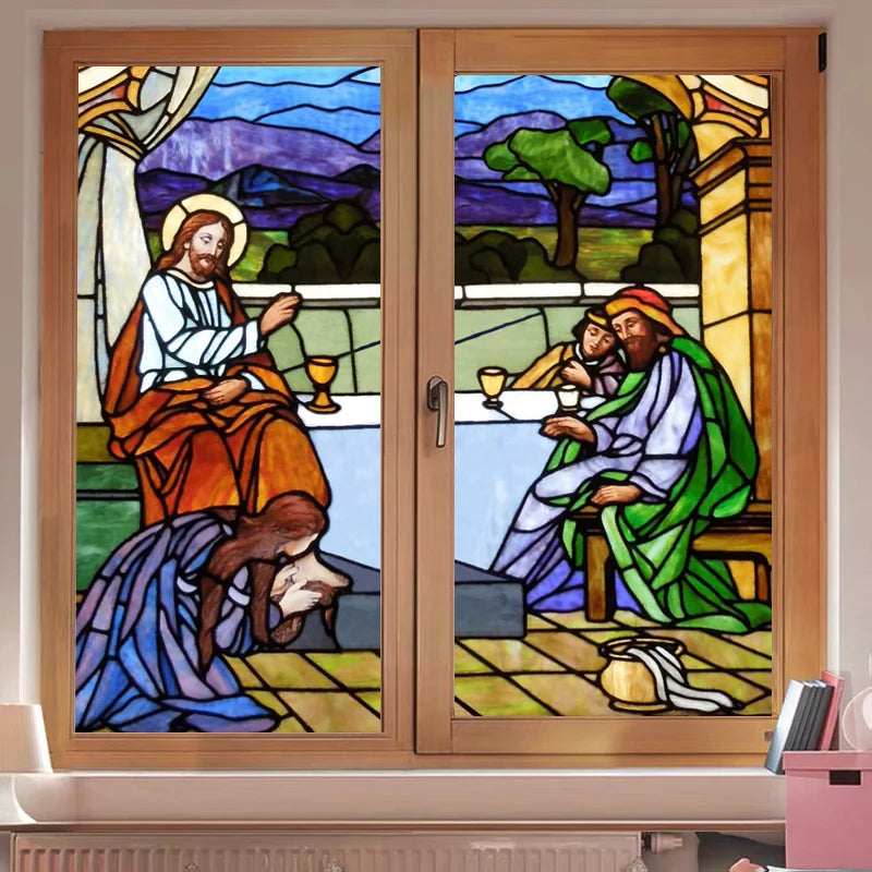 Custom Frosted Stained Glass Window Film,PVC Static Cling ,Retro Church Jesus Decor Foil Stickers Window Treatment Home Decor