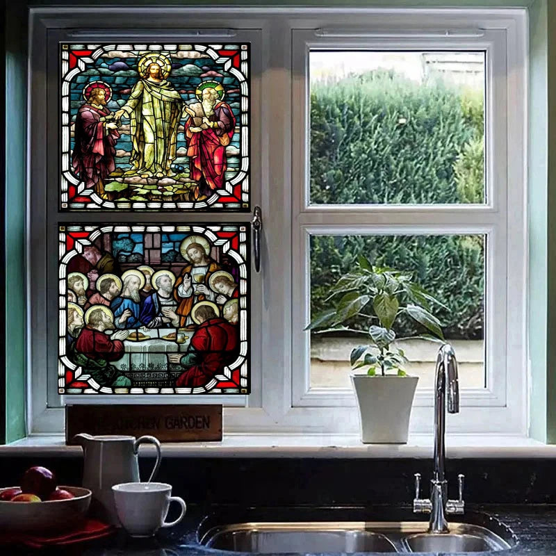 Custom Stained Glass Window Film,PVC Self-Adhesive Window Films,Retro Church Jesus, Home Decor Foil Stickers, Window Treatment