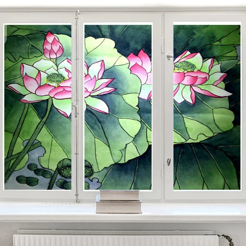 Stained Static Cling Window Film Frosted Light-transparent Opaque Privacy Glass Sticker Home Decor 3D Print Lotus Retro Poster