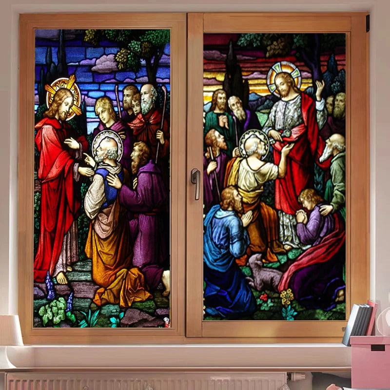 Frosted Stained Glass Window Film, Customized Jesus Virgin Mary Church Picture,Static Cling Door Stickers for Home Office