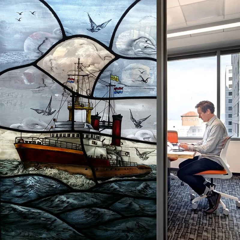 Custom Size Stained Glass Window Film Decorative Frosted Privacy Sticker Non Adhesive Static Cling Removable Retro Village Life