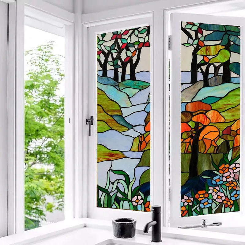 Static Cling Window Film Frosted Light-transparent Opaque Privacy Stained Glass Sticker Home Decor 3D Print Tree Retro Poster