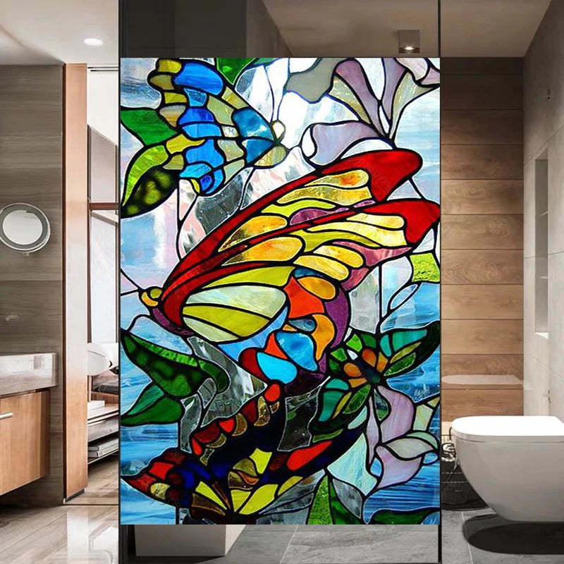 Custom Stained Glass Window Film Static Cling Frosted Sticker,Foil Colour 3D Stickers ,For Bathroom Kitchen Home Decor Butterfly