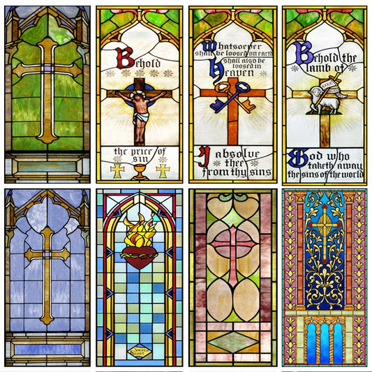 Window Film Frosted Stained Glass Films Door Sticker,Customized Crosses Static Cling Church Pattern for Office Home Decor