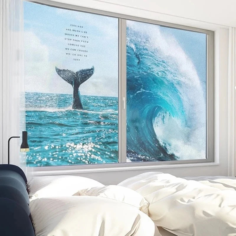 Custom Glass Window Film Static Frosted Sticker Foil Stickers For Bathroom Kitchen Sliding Door Whale Tail Ocean Seas Posters