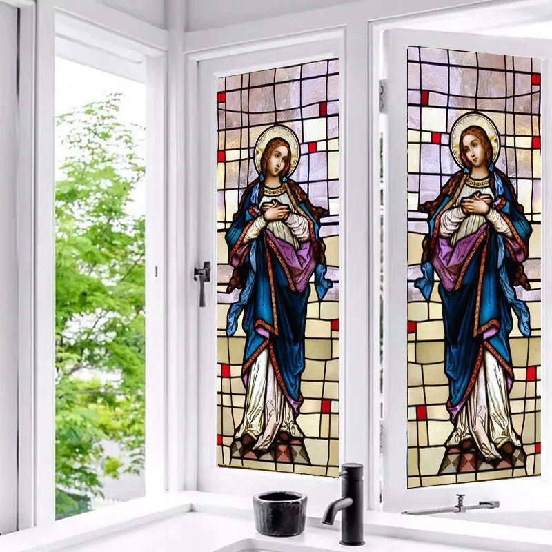 Stained Privacy Window Film Frosted Window Sticker Vinyl Glass Films For Home Office Church Madonna Mary Picture