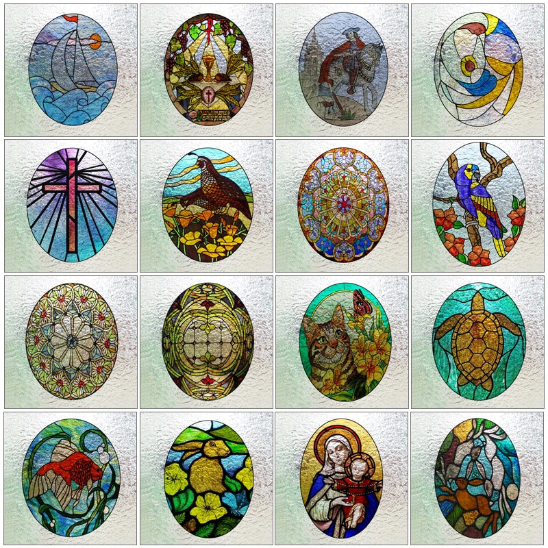 Custom 3D Frosted Stained Glass Window Film, Static Cling,Retro Church Jesus Birds Cat Home Decor Stickers Rose Window Treatment
