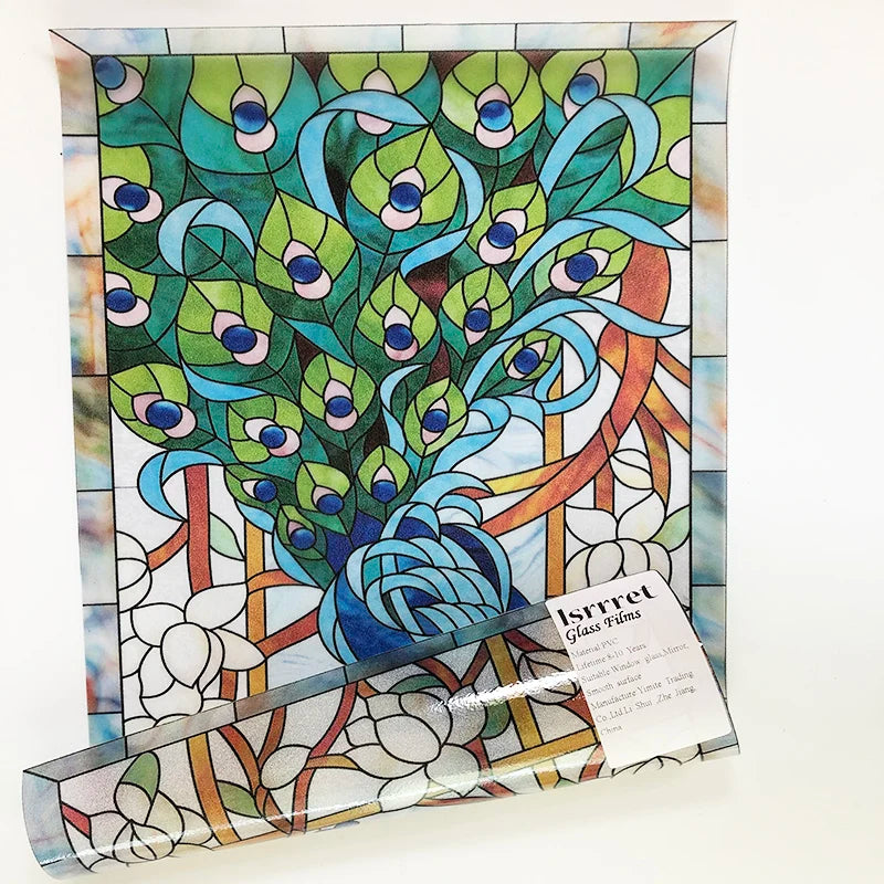Custom Size Window Glass Films, Peacock Self Adhesive Static Cling, Home Decorative Frosted Privacy Stained, Retro Church Glass