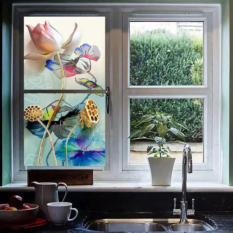 Customized size 3D Windows Glass Film Door Stickers modern sticker Art opaque static cling Lotus