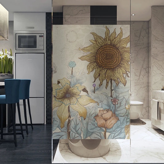 Customized size Windows Stained Glass Film,Door Stickers,Vintage Frosted Sticker,Static Cling Sunflower for Kitchen Bathroom