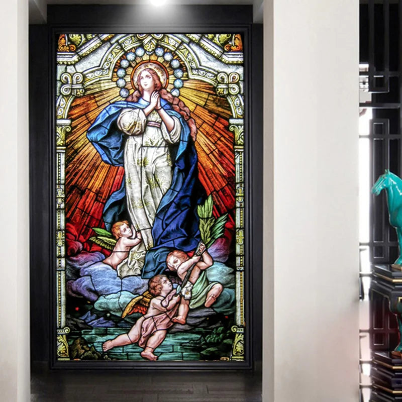 Decorative self adhesive frosted stained continental window film Crucifixion of Jesus/Christ God and the Virgin Mary