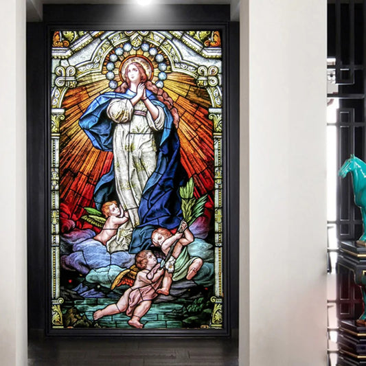 Decorative self adhesive frosted stained continental window film Crucifixion of Jesus/Christ God and the Virgin Mary