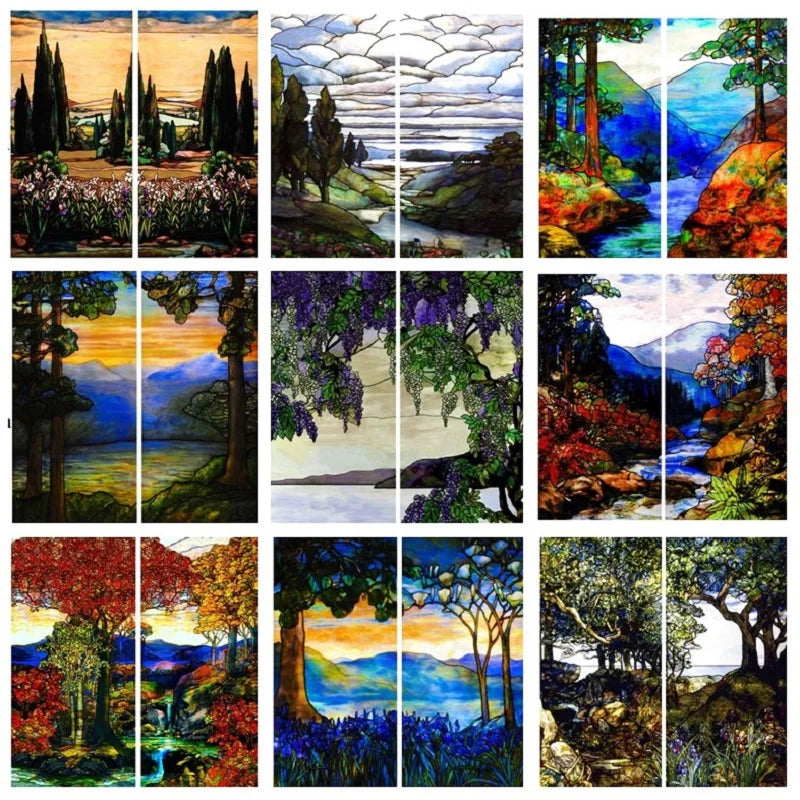 Landscape Painting Glass Films, Stained Window Film, Opaque Sticker, Self Adhesive, Static Cling for Square Window, Custom Size