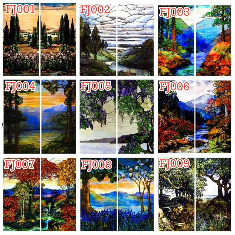 Landscape Painting Glass Films, Stained Window Film, Opaque Sticker, Self Adhesive, Static Cling for Square Window, Custom Size
