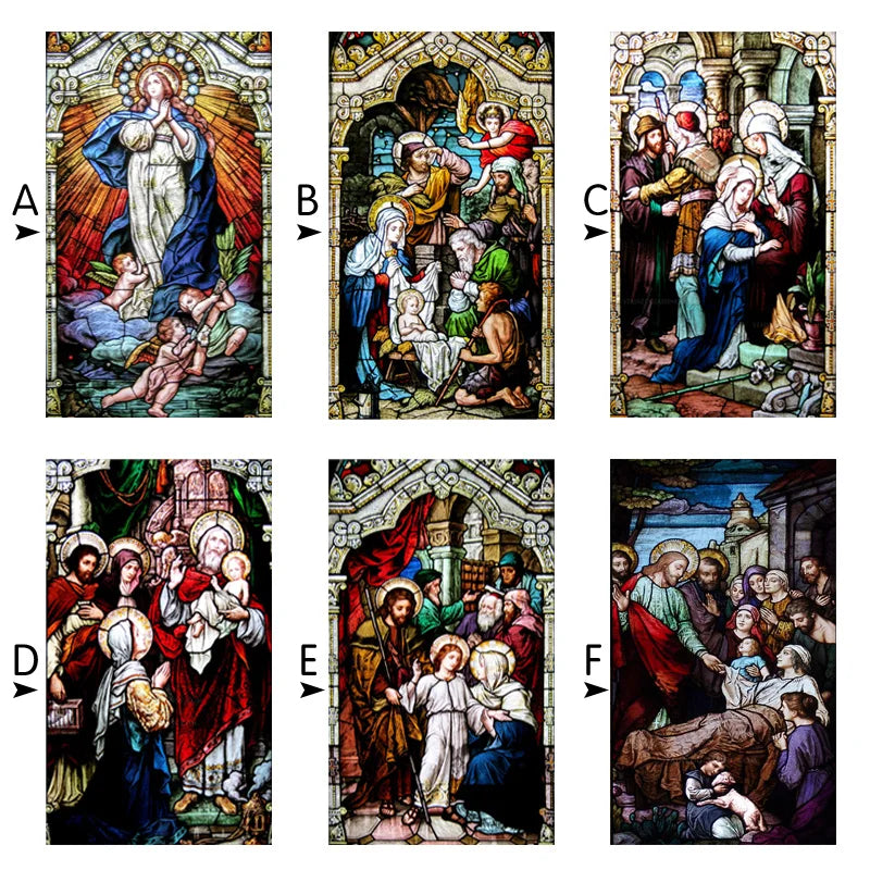 Decorative self adhesive frosted stained continental window film Crucifixion of Jesus/Christ God and the Virgin Mary