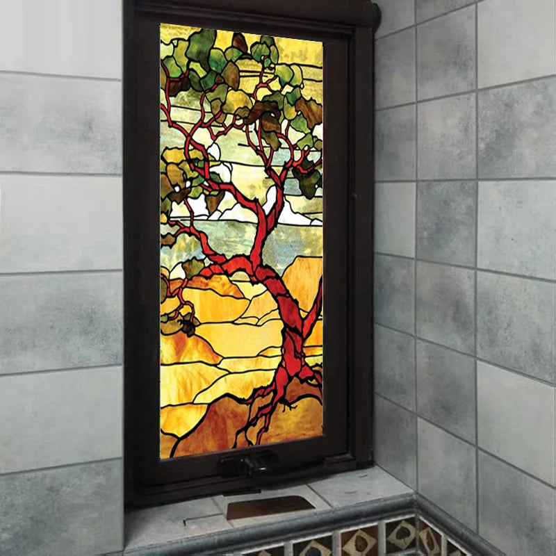 European Church Mosaic Art Glass Film Stained Window Opaque Sticker Self Adhesive/Static Cling Decor Privacy Do Custom Size Tree