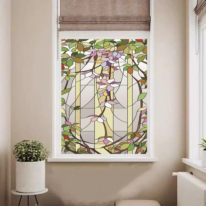 Custom Size Stained Glass Window with Purple Floral Pattern, Frosted Static Cling, Heat-Control, Privacy, Home Decor