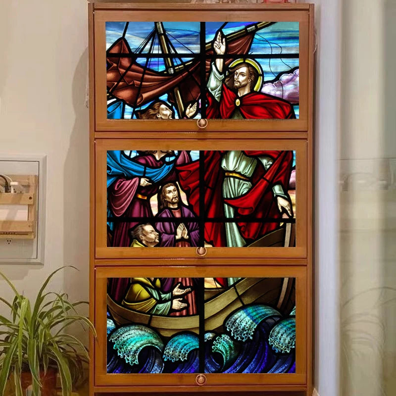 Frosted Stained Glass Window Film, Customized Jesus Virgin Mary Church Picture,Static Cling Door Stickers for Home Office