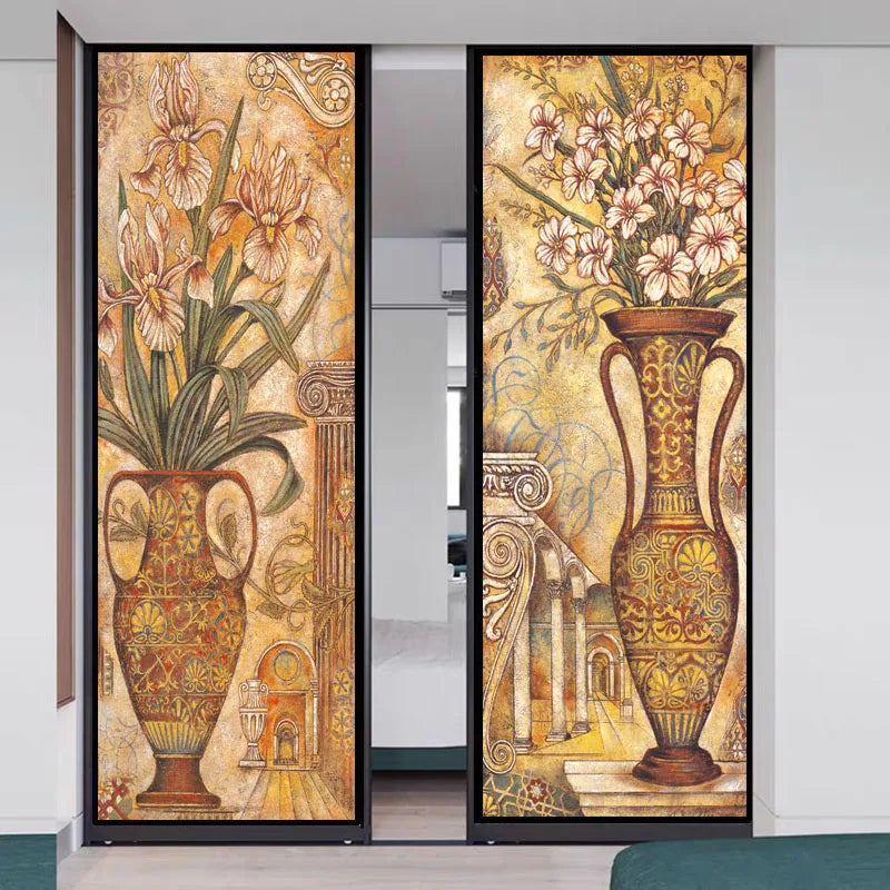 Customized Window Film Fortune Tree Flower Vase Painting  Glass Films Door Sticker for Bathroom Entrance Door Cabinet Home Decor