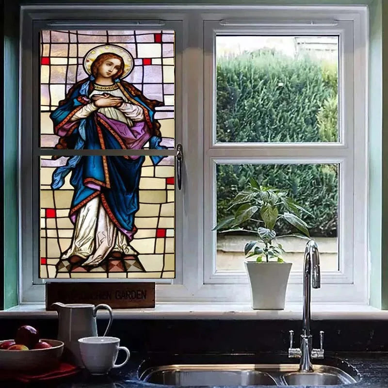 Stained Privacy Window Film Frosted Window Sticker Vinyl Glass Films For Home Office Church Madonna Mary Picture