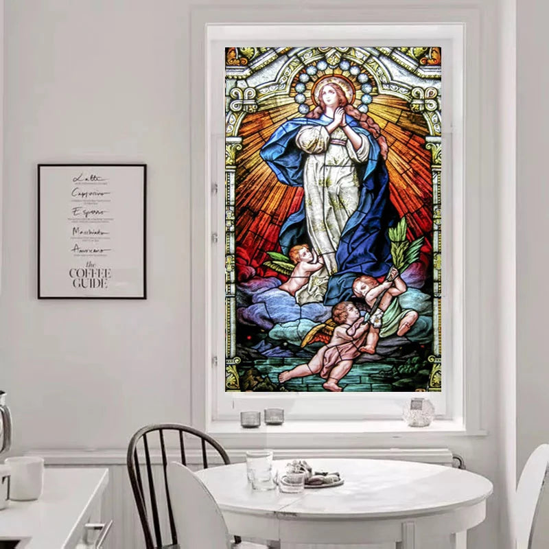 Decorative self adhesive frosted stained continental window film Crucifixion of Jesus/Christ God and the Virgin Mary