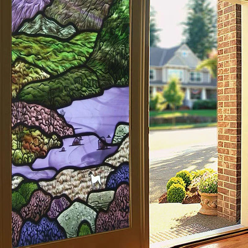Customized Size Stained Glass Film Window Films Landscape Static Cling Frosted Sticker Bathroom Kitchen Cupboard Door Home Decor