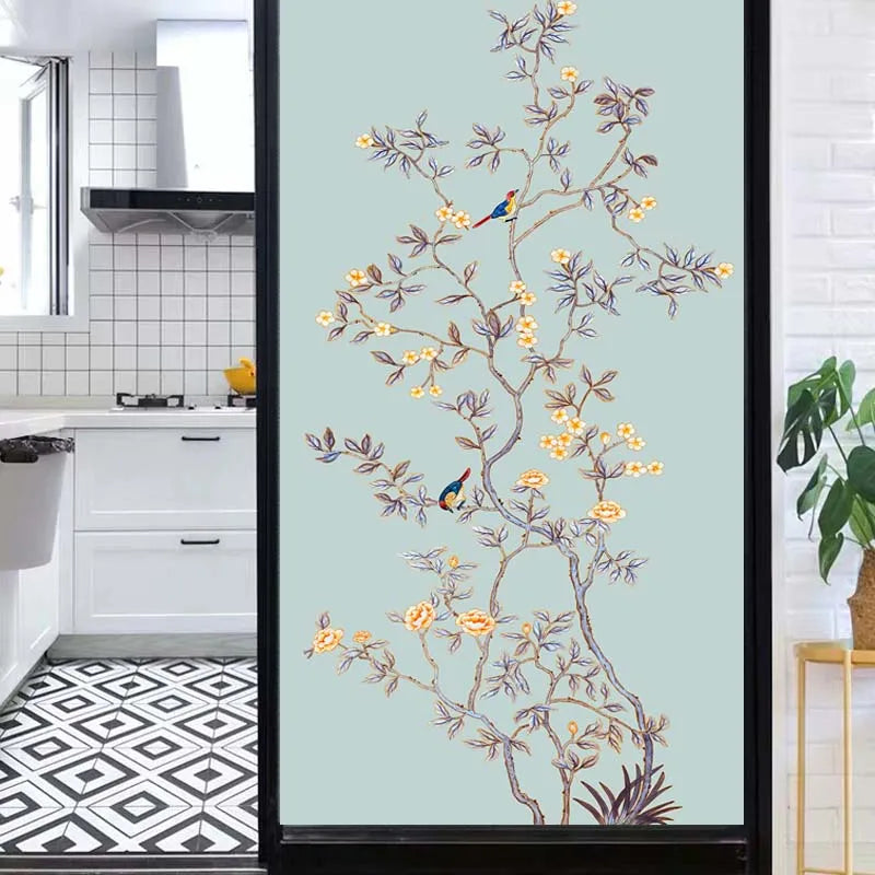 Custom size Window Film Stained Glass Films for Door Wardrobe Windows Office Home Decor Opaque Frosted Static Cling Floral Birds