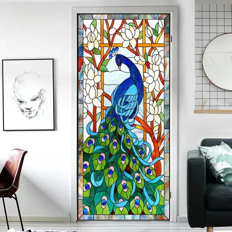 Custom Size Window Glass Films, Peacock Self Adhesive Static Cling, Home Decorative Frosted Privacy Stained, Retro Church Glass