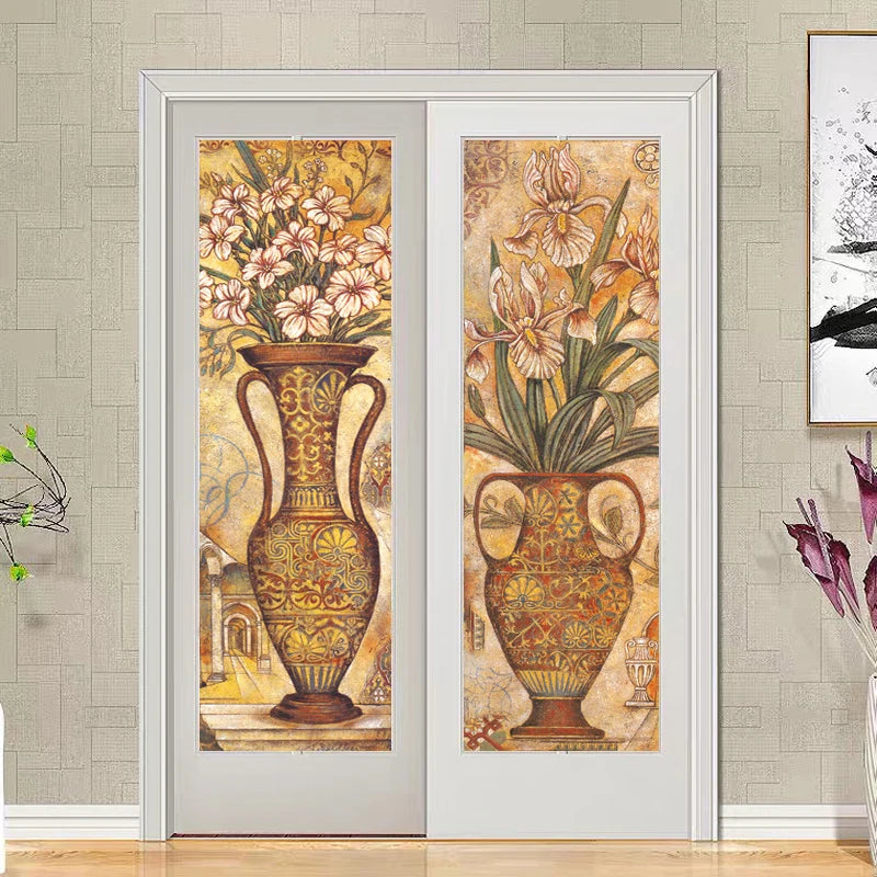 Customized Window Film Fortune Tree Flower Vase Painting  Glass Films Door Sticker for Bathroom Entrance Door Cabinet Home Decor