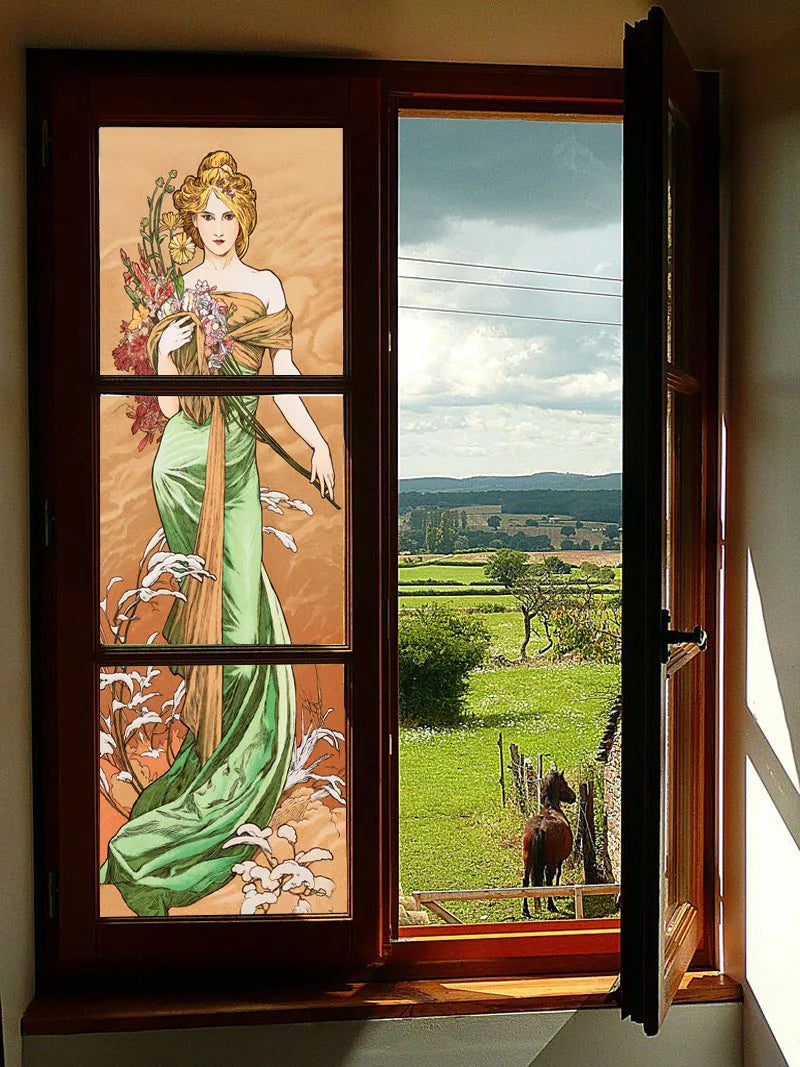 Custom Size Stained Glass Window Film Mucha Stickers Static Cling For Kitchen Bathroom Bedroom Glass Sliding Door Home Decor