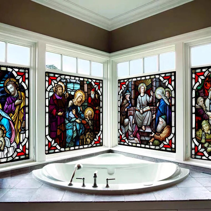 Custom Stained Glass Window Film,PVC Self-Adhesive Window Films,Retro Church Jesus, Home Decor Foil Stickers, Window Treatment