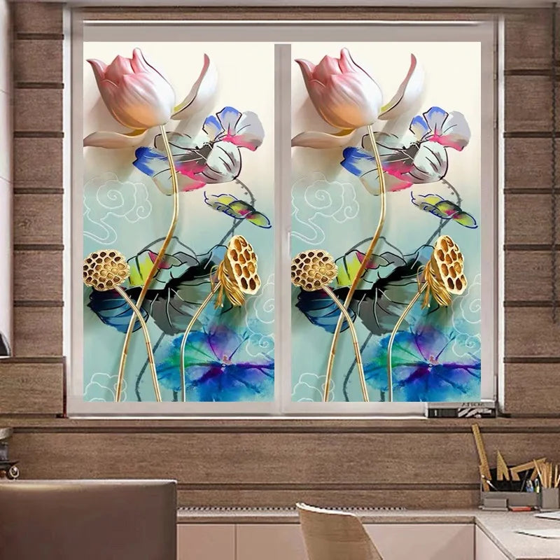 Customized size 3D Windows Glass Film Door Stickers modern sticker Art opaque static cling Lotus