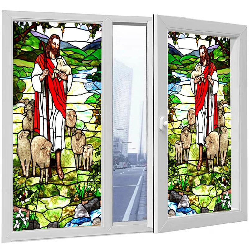 Decorative Self Adhesive/Static Cling Frosted Stained Continental Window Film Custom Size Jesus Christ 028