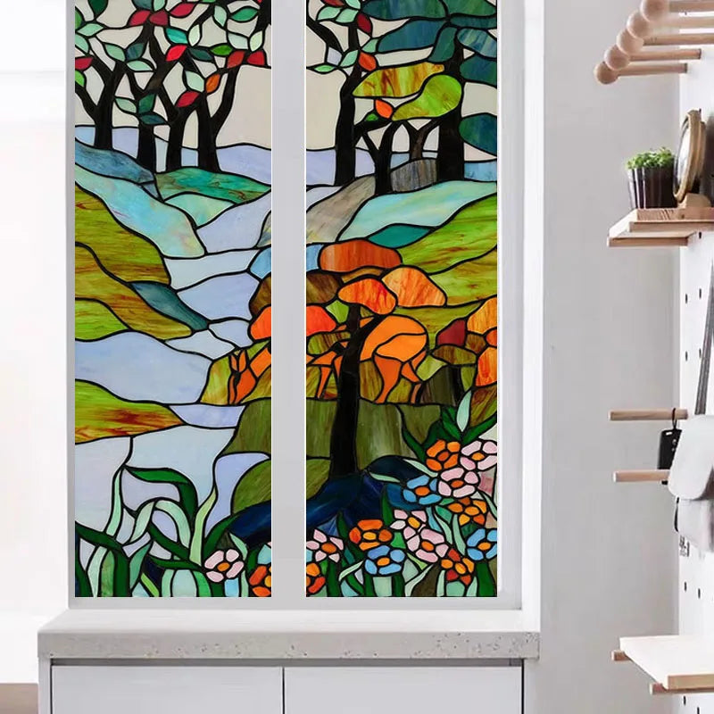 Static Cling Window Film Frosted Light-transparent Opaque Privacy Stained Glass Sticker Home Decor 3D Print Tree Retro Poster