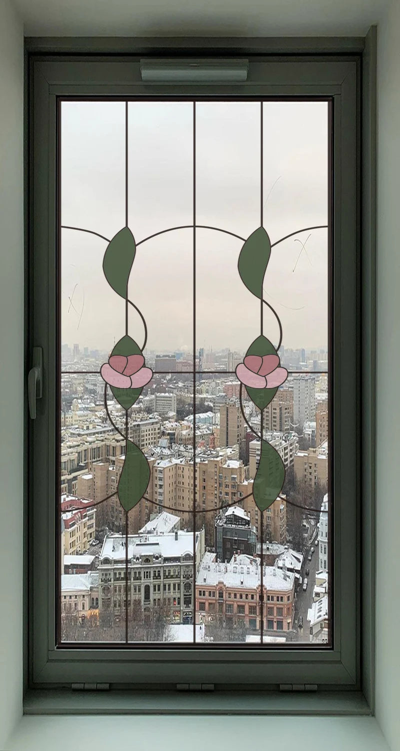 Custom Size Stained Glass Window Film Transparent Glass Sticker Static Cling Rose Sakura Print Office Home Decor Bedroom Door