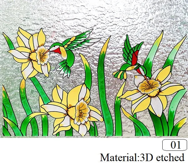 Customized size Windows Glass Films Stained Glass Door Stickers Frosted/3D Etched Flower Birds for Kitchen Office Bathroom