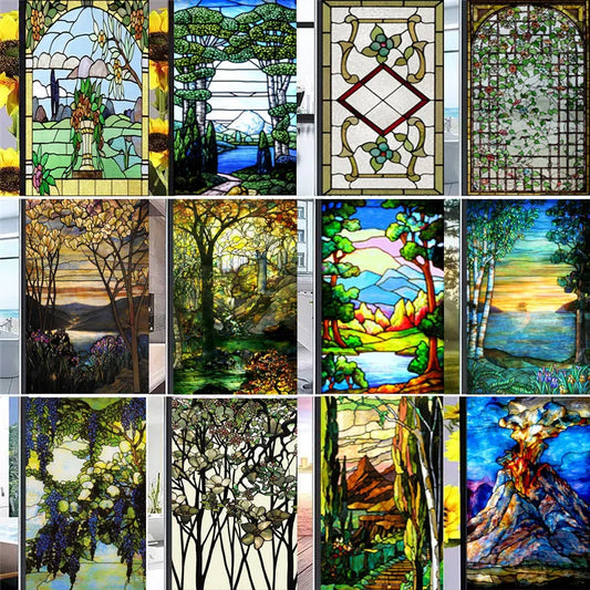 Custom Size Stained Glass Films, Frosted Privacy Window Film, Static Cling, Vintage Scenic, Colorful Window Door Sticker